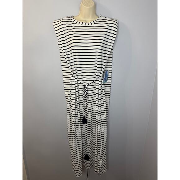 Coolibar Coral Way Sleeveless Midi Dress White/Navy Stripe Beach Vacation Sz L - Picture 2 of 15